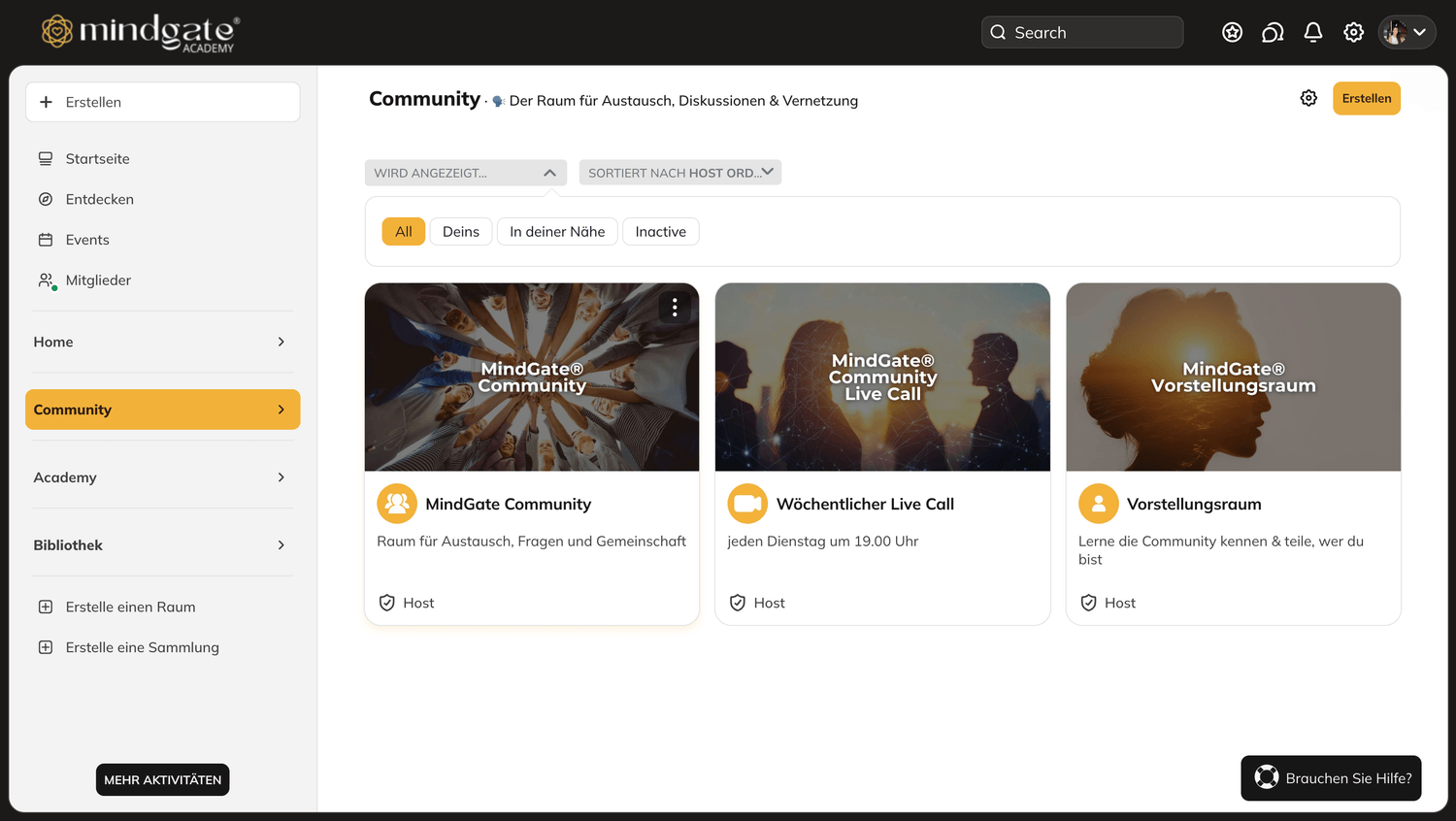 Einblick in den Community-Bereich der MindGate Plattform